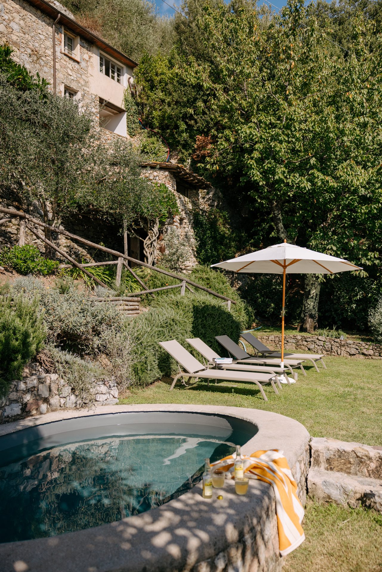The small pool and garden below the house